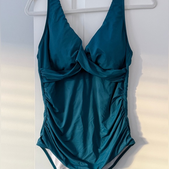 Women’s Solid Ruched V neck swimsuit twist bathing suit teal green large - Picture 3 of 7